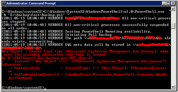 | FAST Search Server backup | Cannot find type [Microsoft.SqlServer ...