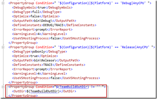 <!-- Customizable Output Directory Opt-In for TFS Build (web application projects) --><PropertyGroup Condition="$(TeamBuildOutDir) != '' ">  <OutDir>$(TeamBuildOutDir)</OutDir></PropertyGroup>