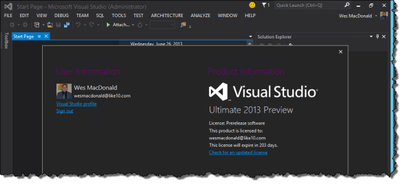Account Settings dialog in VS 2013