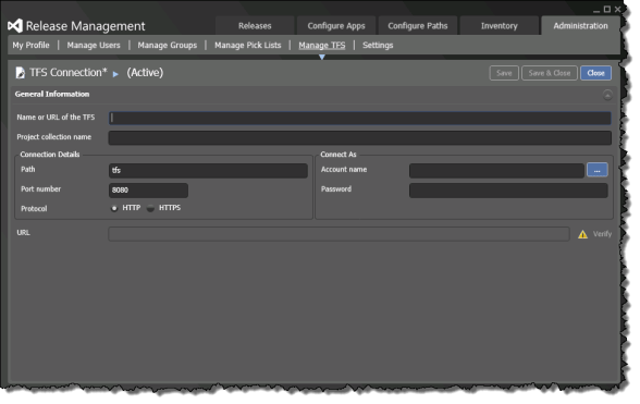 Administration | Manage TFS | TFS Connection