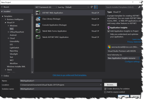 VS 2015 New Web Application Wizard
