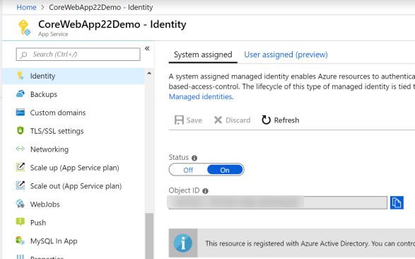 Azure Portal - App Service - Identity Blade