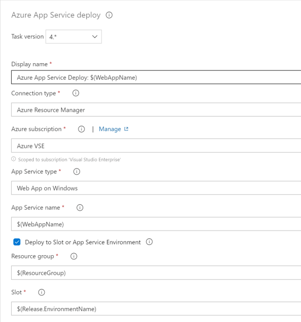 Using variables for Resource Group, App Service Name and Slot