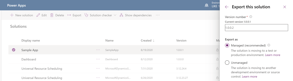 Power Apps | Solutions | Export this solution