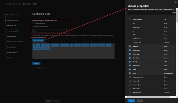Configure Data - Choose Team Projects and Properties